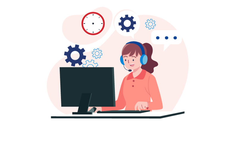 Graphic of a support technician sitting at a computer providing help over the phone.