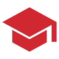 Illustration of a grad cap icon over a red background.