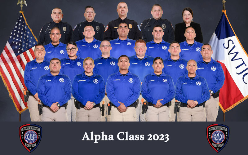 Alpha Class 2023 Cadets pose alongside Law Enforcement Academy instructors and staff.