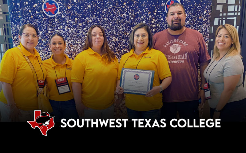 PCT instructors and staff pose for a photo with Irene Barrera, PCT Instructor and recipient of the Texas Health Occupations Association (THOA) “Outstanding Experienced Teacher for Area 1” award. 